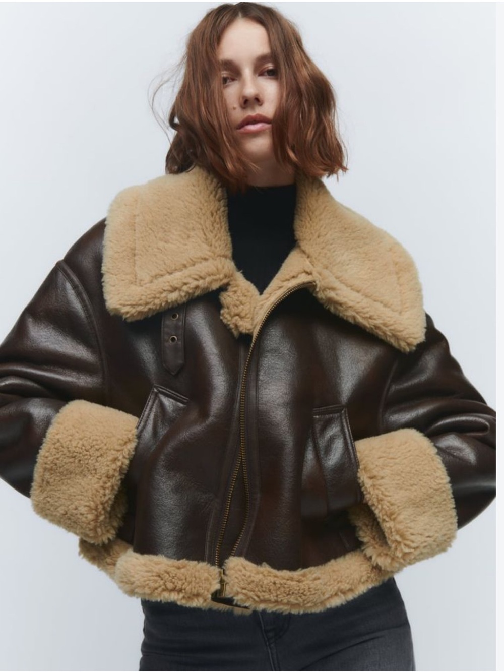 Zara Dark Brown Aviator Jacket with Tan Shearling Trim